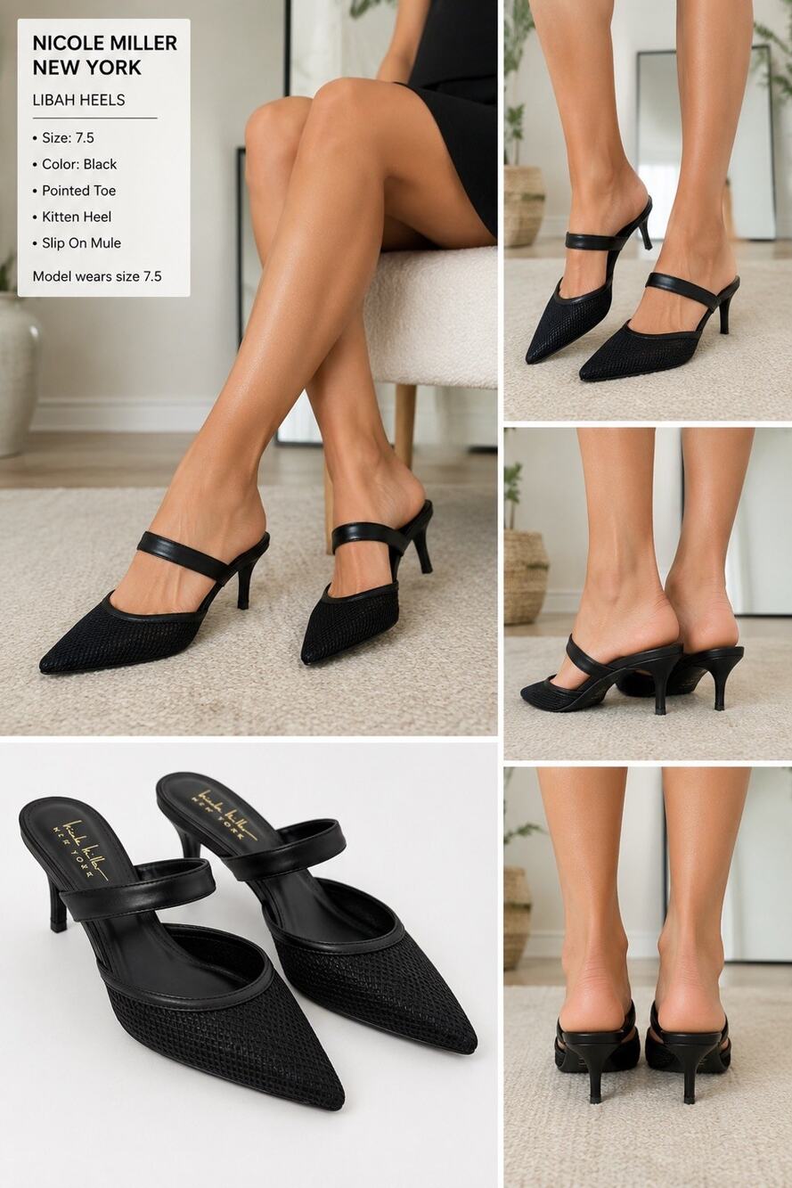🆕Nicole Miller New York LIBAH Black Pointed Toe Mule Heels – Women’s Size 7.5